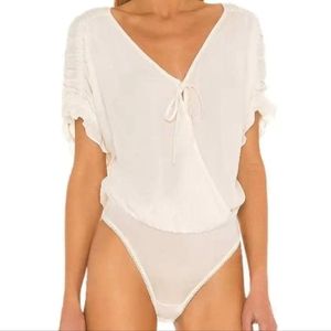 Free People Cleo Draped Split Neck Short Sleeve Viscose Bodysuit Size Small